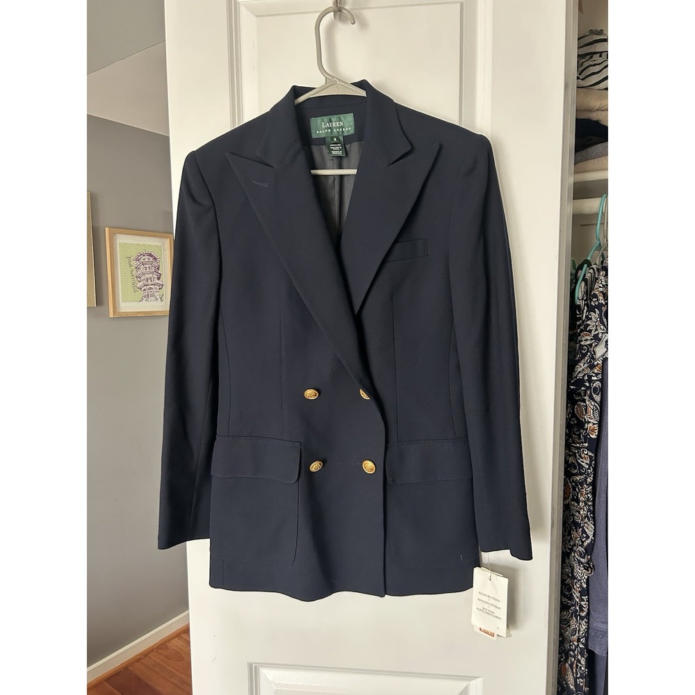 NWT Lauren Ralph Lauren Womens Navy Blue Wool Blazer Double Breasted Size 4